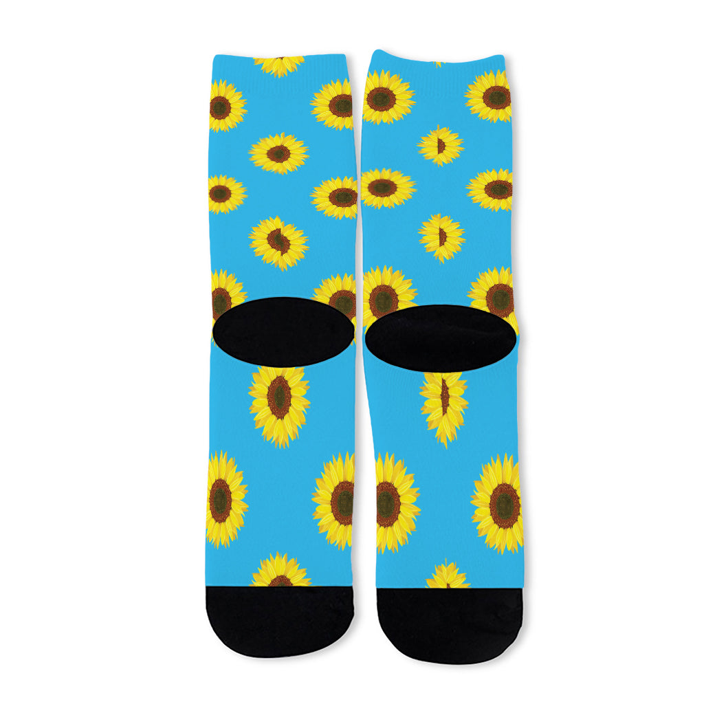 Blue Cute Sunflower Pattern Print Long Socks