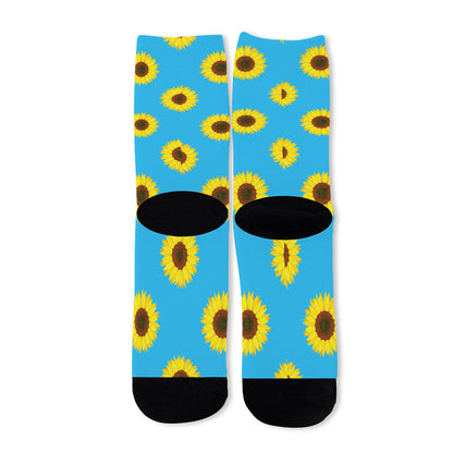 Blue Cute Sunflower Pattern Print Long Socks
