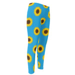 Blue Cute Sunflower Pattern Print Men's Compression Pants