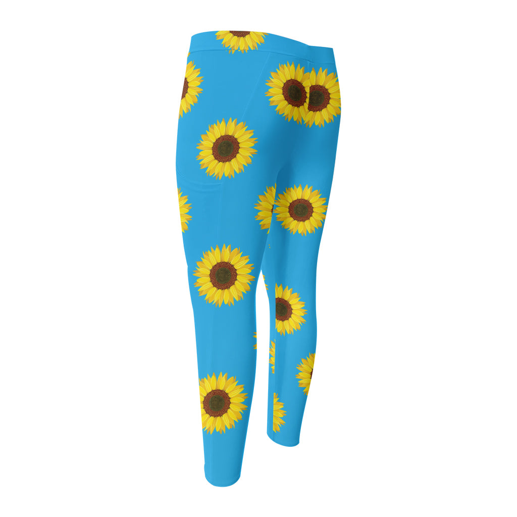 Blue Cute Sunflower Pattern Print Men's Compression Pants