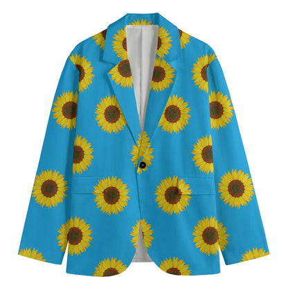 Blue Cute Sunflower Pattern Print Men's Cotton Blazer
