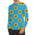Blue Cute Sunflower Pattern Print Men's Long Sleeve Rash Guard