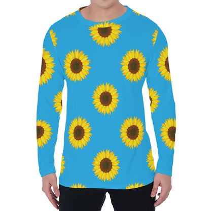 Blue Cute Sunflower Pattern Print Men's Long Sleeve T-Shirt