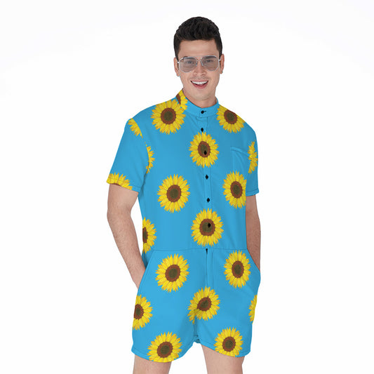 Blue Cute Sunflower Pattern Print Men's Rompers