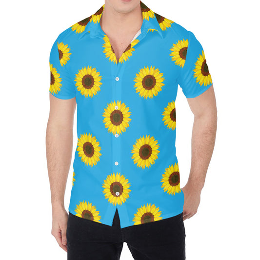 Blue Cute Sunflower Pattern Print Men's Shirt