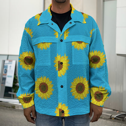 Blue Cute Sunflower Pattern Print Men's Shirt Jacket