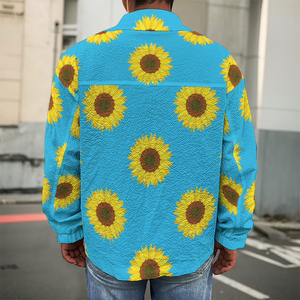 Blue Cute Sunflower Pattern Print Men's Shirt Jacket