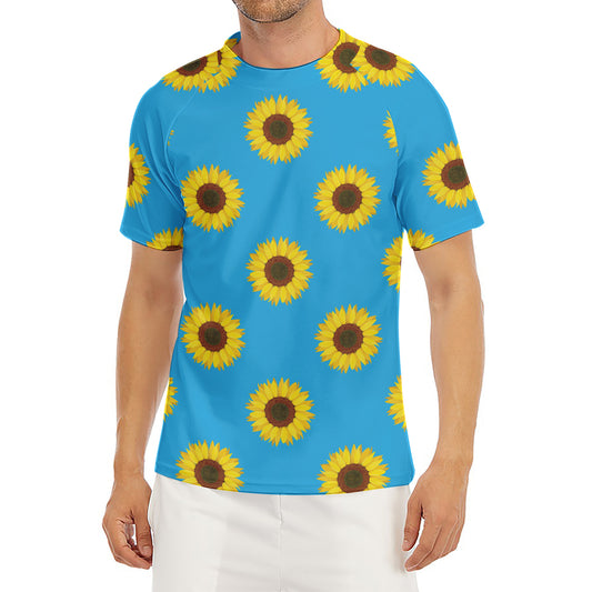 Blue Cute Sunflower Pattern Print Men's Short Sleeve Rash Guard