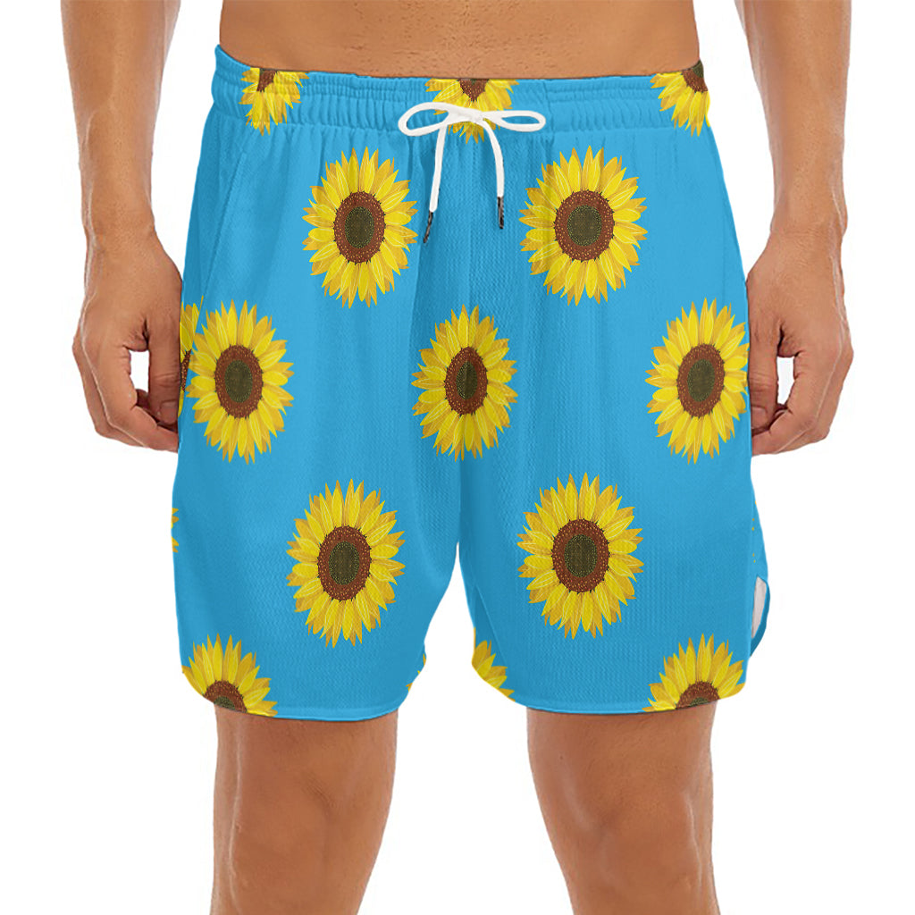 Blue Cute Sunflower Pattern Print Men's Split Running Shorts