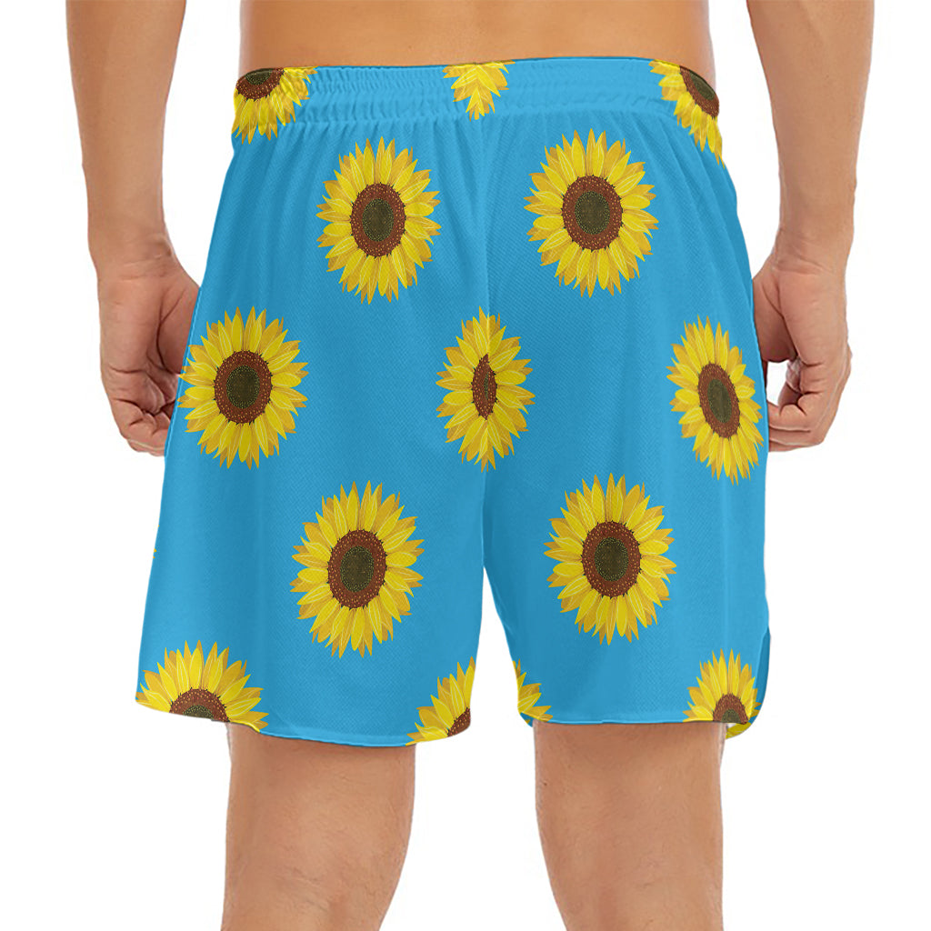Blue Cute Sunflower Pattern Print Men's Split Running Shorts