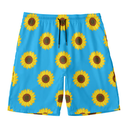 Blue Cute Sunflower Pattern Print Men's Swim Trunks