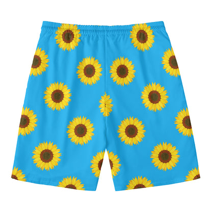 Blue Cute Sunflower Pattern Print Men's Swim Trunks