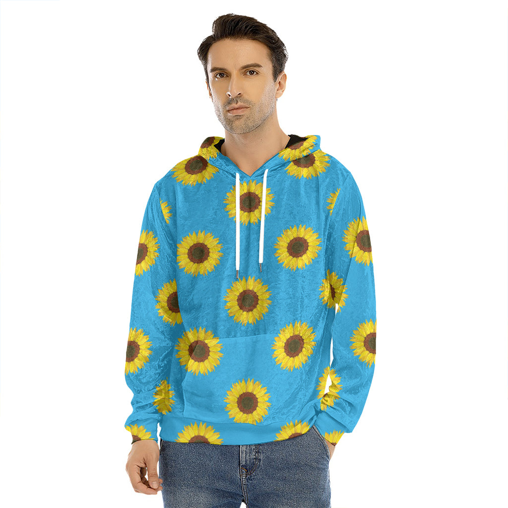 Blue Cute Sunflower Pattern Print Men's Velvet Pullover Hoodie
