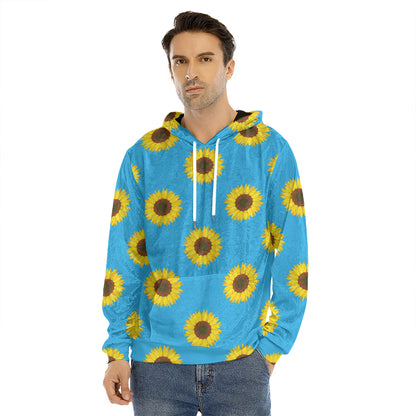Blue Cute Sunflower Pattern Print Men's Velvet Pullover Hoodie