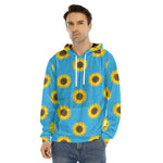 Blue Cute Sunflower Pattern Print Men's Velvet Pullover Hoodie