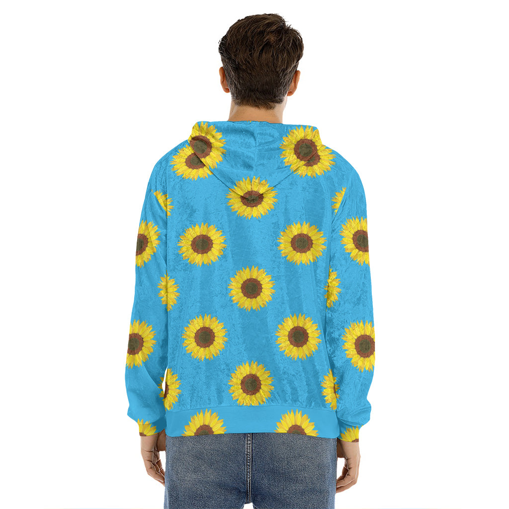 Blue Cute Sunflower Pattern Print Men's Velvet Pullover Hoodie