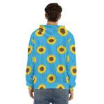 Blue Cute Sunflower Pattern Print Men's Velvet Pullover Hoodie