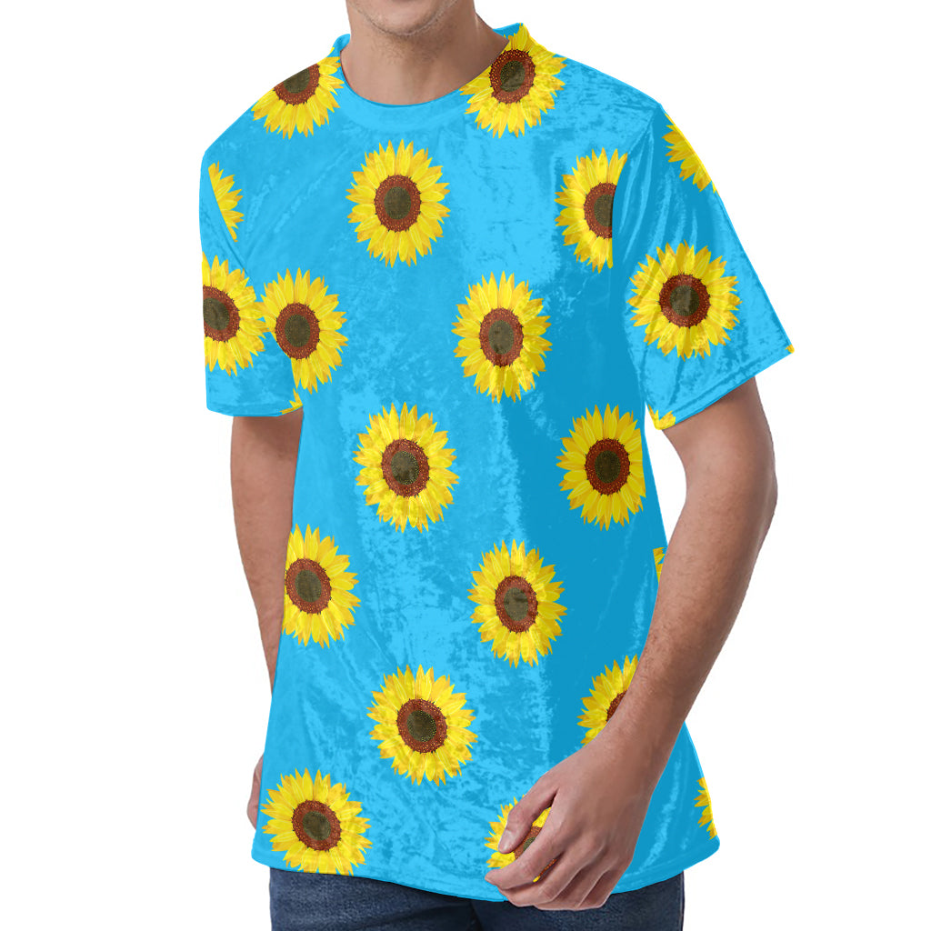 Blue Cute Sunflower Pattern Print Men's Velvet T-Shirt