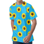 Blue Cute Sunflower Pattern Print Men's Velvet T-Shirt