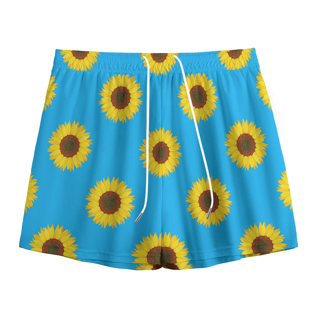 Blue Cute Sunflower Pattern Print Mesh Shorts