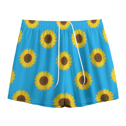 Blue Cute Sunflower Pattern Print Mesh Shorts