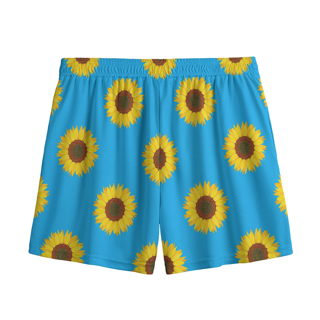 Blue Cute Sunflower Pattern Print Mesh Shorts