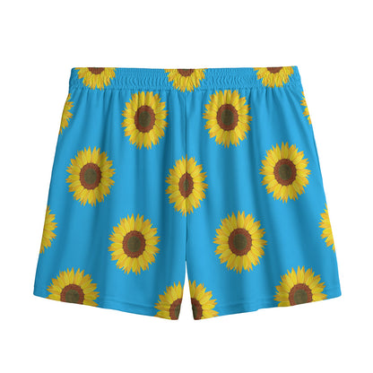 Blue Cute Sunflower Pattern Print Mesh Shorts