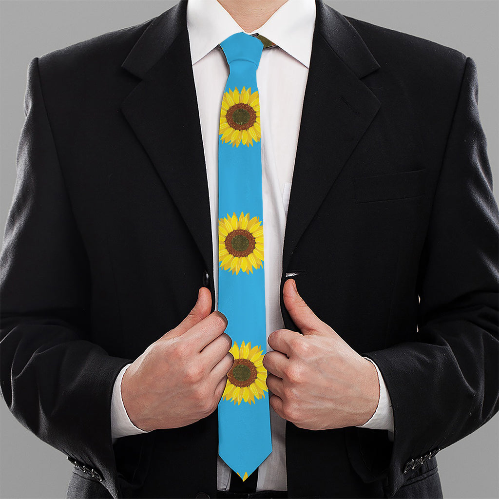 Blue Cute Sunflower Pattern Print Necktie