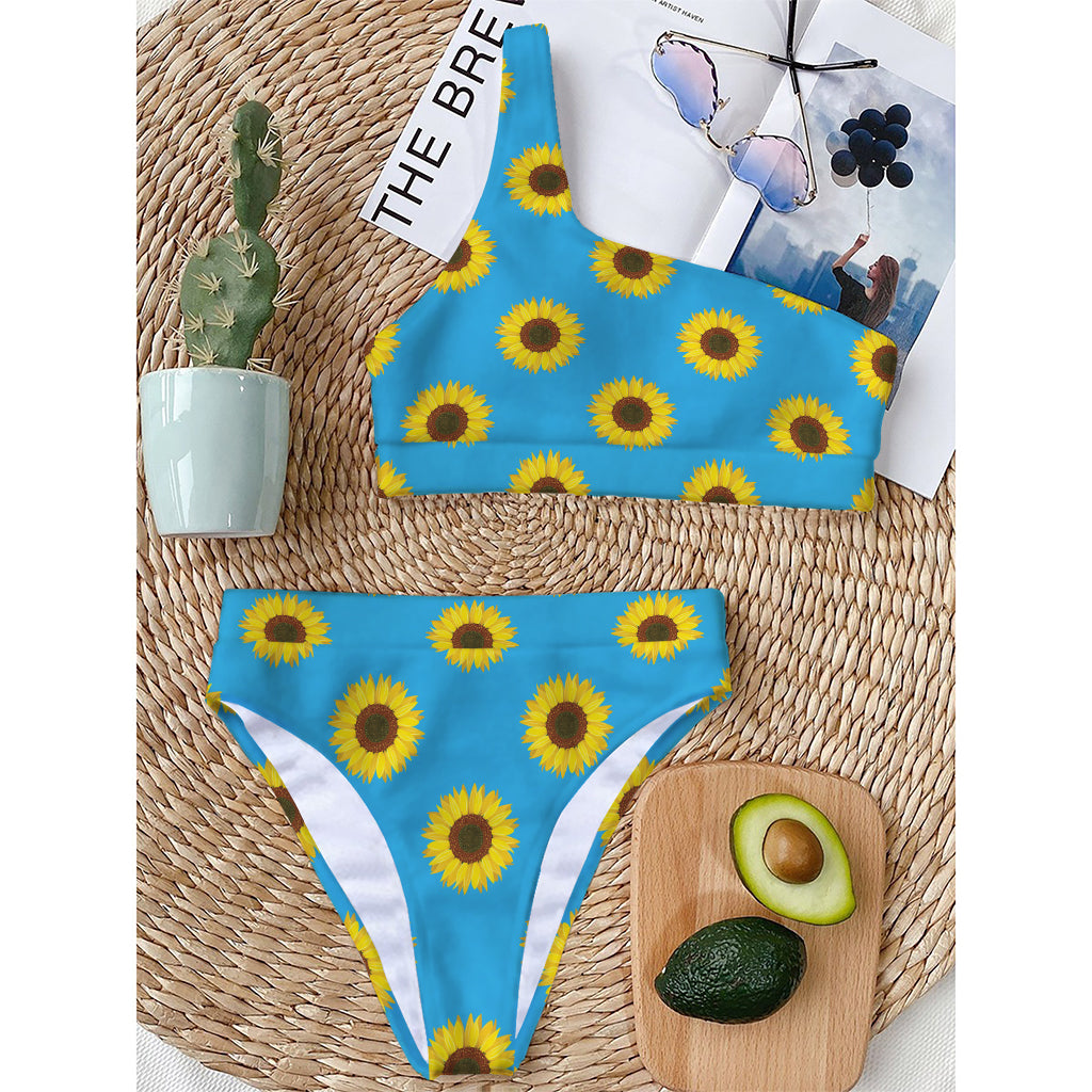 Blue Cute Sunflower Pattern Print One Shoulder Bikini Top