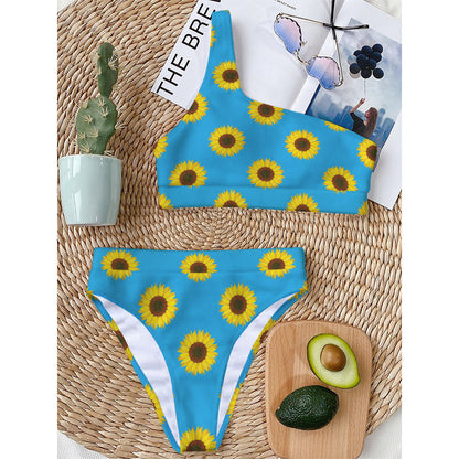 Blue Cute Sunflower Pattern Print One Shoulder Bikini Top