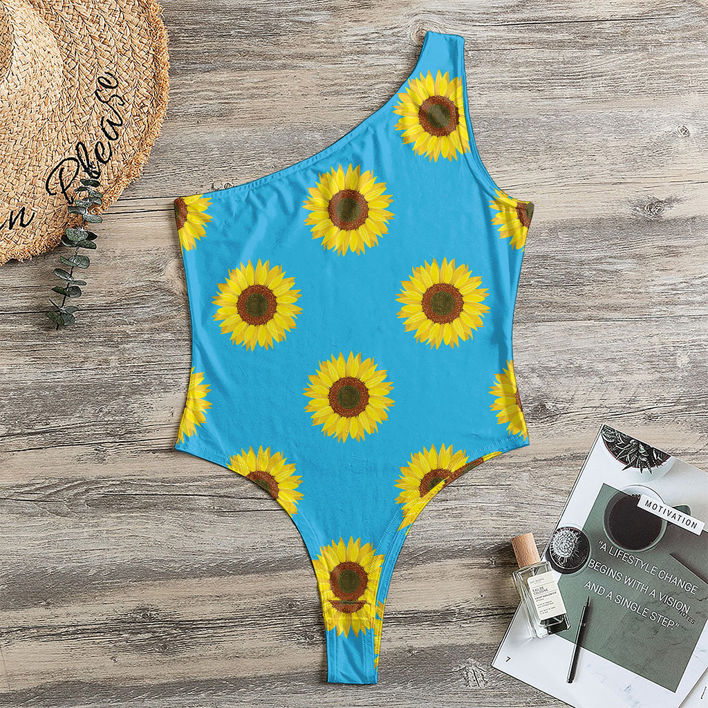 Blue Cute Sunflower Pattern Print One Shoulder Bodysuit
