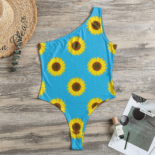 Blue Cute Sunflower Pattern Print One Shoulder Bodysuit