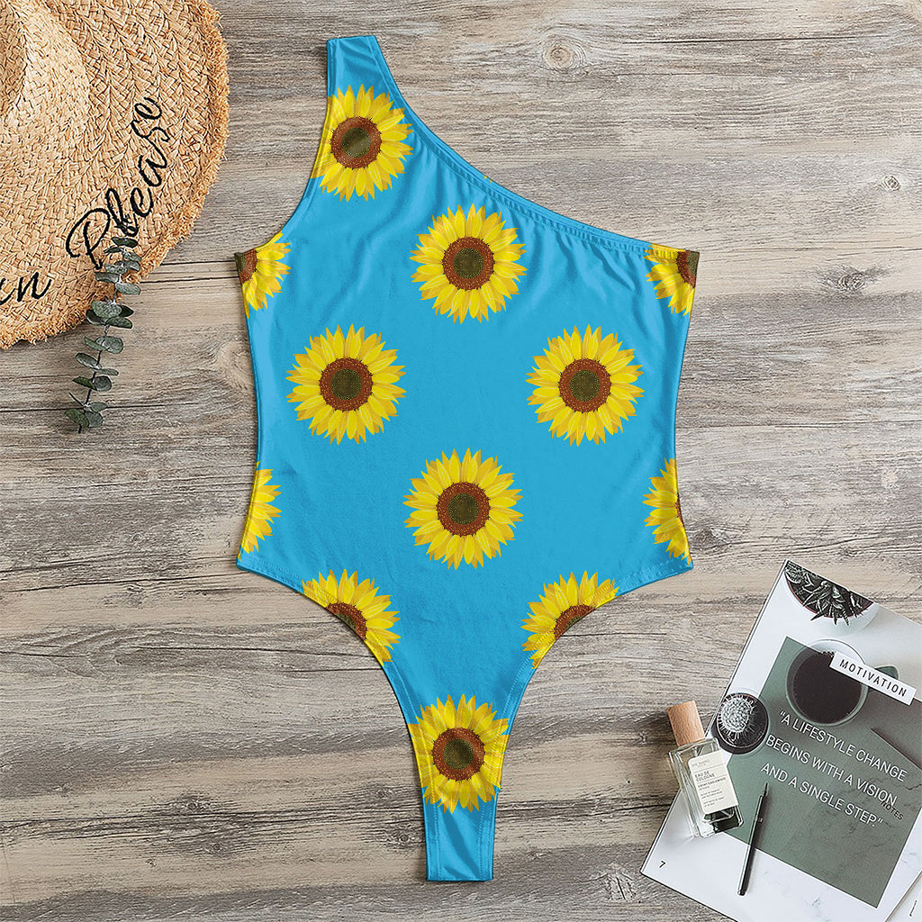 Blue Cute Sunflower Pattern Print One Shoulder Bodysuit