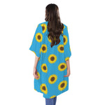 Blue Cute Sunflower Pattern Print Open Front Beach Cover Up