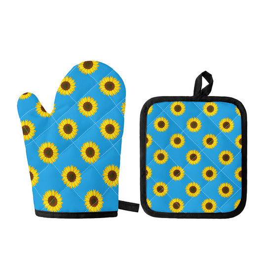 Blue Cute Sunflower Pattern Print Oven Mitt And Pot Holder Set