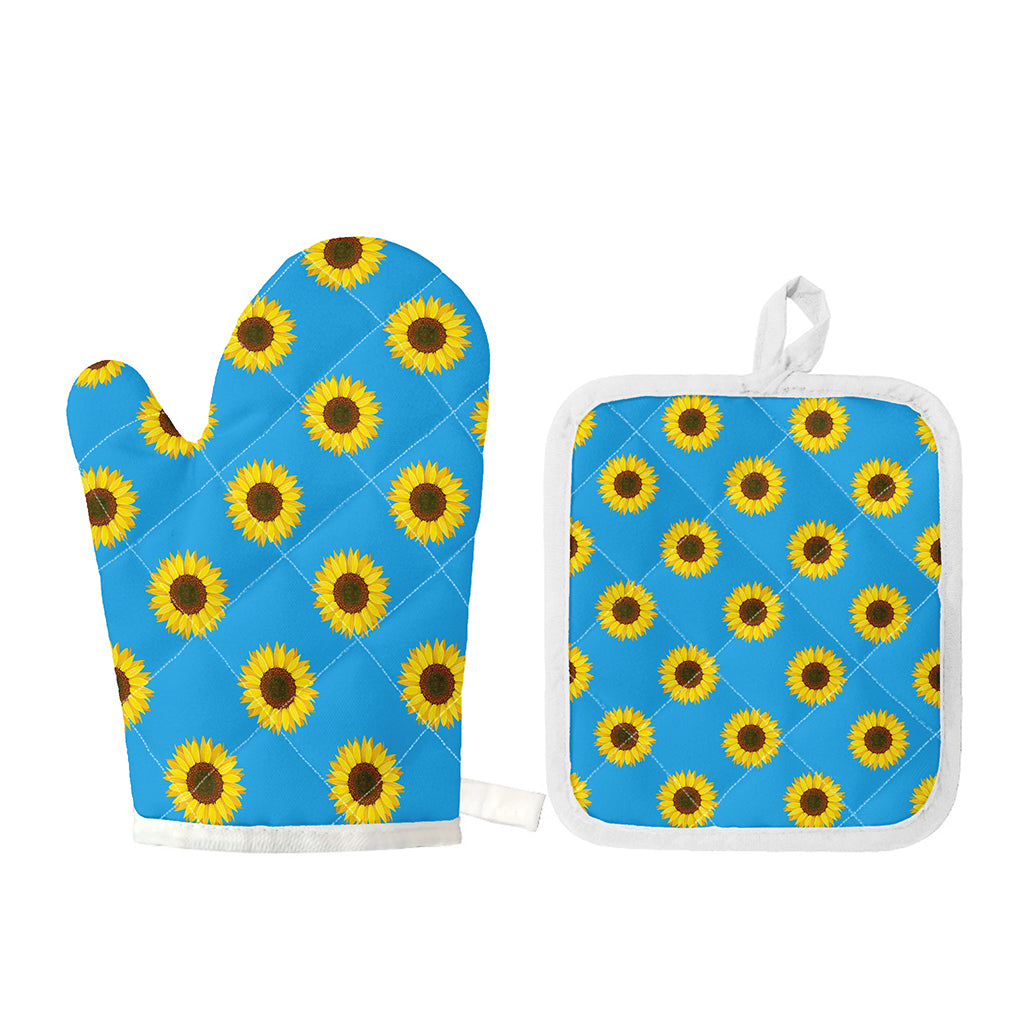 Blue Cute Sunflower Pattern Print Oven Mitt And Pot Holder Set