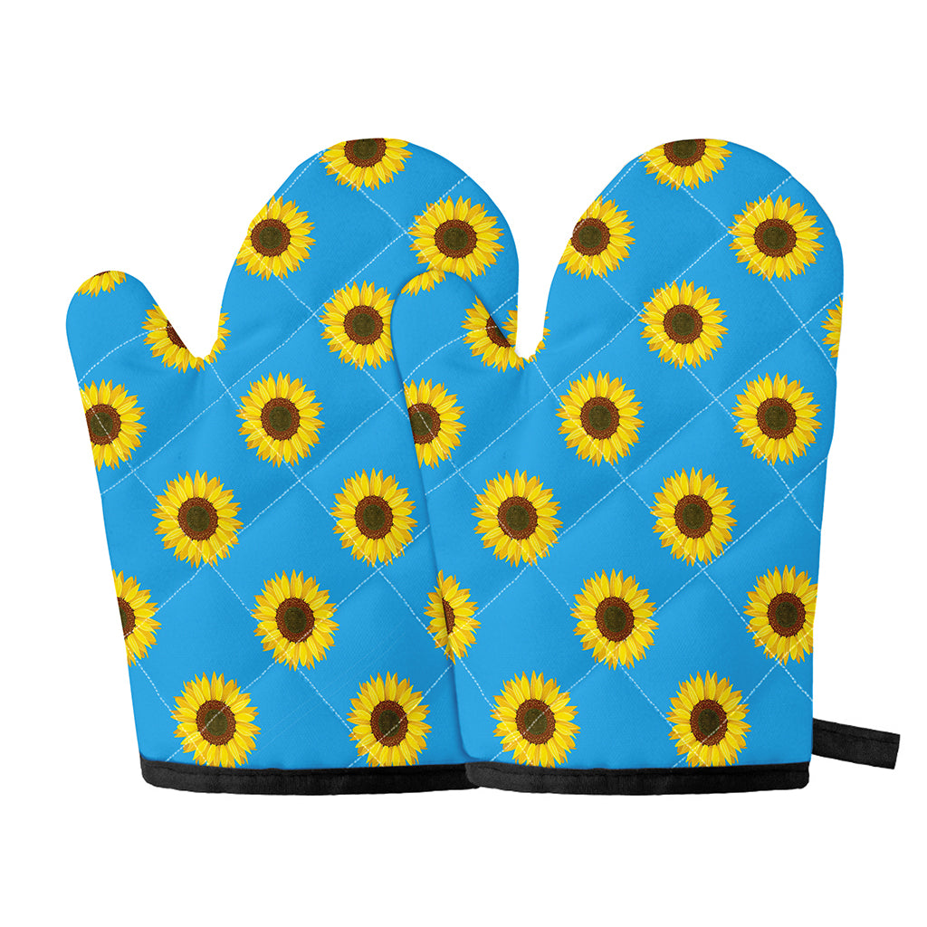 Blue Cute Sunflower Pattern Print Oven Mitts