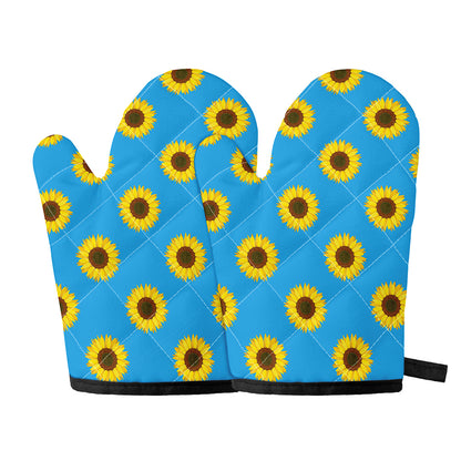 Blue Cute Sunflower Pattern Print Oven Mitts