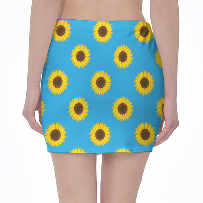Blue Cute Sunflower Pattern Print Pencil Mini Skirt