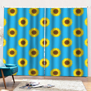 Blue Cute Sunflower Pattern Print Pencil Pleat Curtains