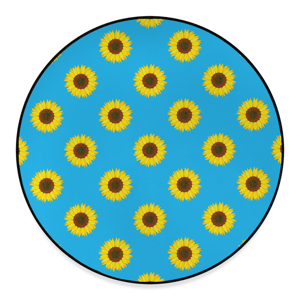 Blue Cute Sunflower Pattern Print Round Floor Mat