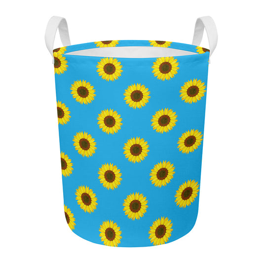 Blue Cute Sunflower Pattern Print Round Laundry Basket
