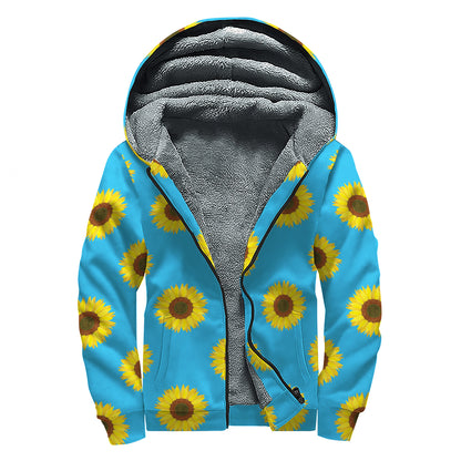 Blue Cute Sunflower Pattern Print Sherpa Lined Zip Up Hoodie