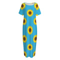 Blue Cute Sunflower Pattern Print Short Sleeve Long Nightdress
