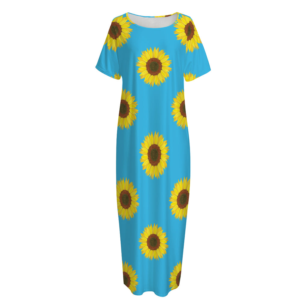 Blue Cute Sunflower Pattern Print Short Sleeve Long Nightdress