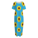 Blue Cute Sunflower Pattern Print Short Sleeve Long Nightdress
