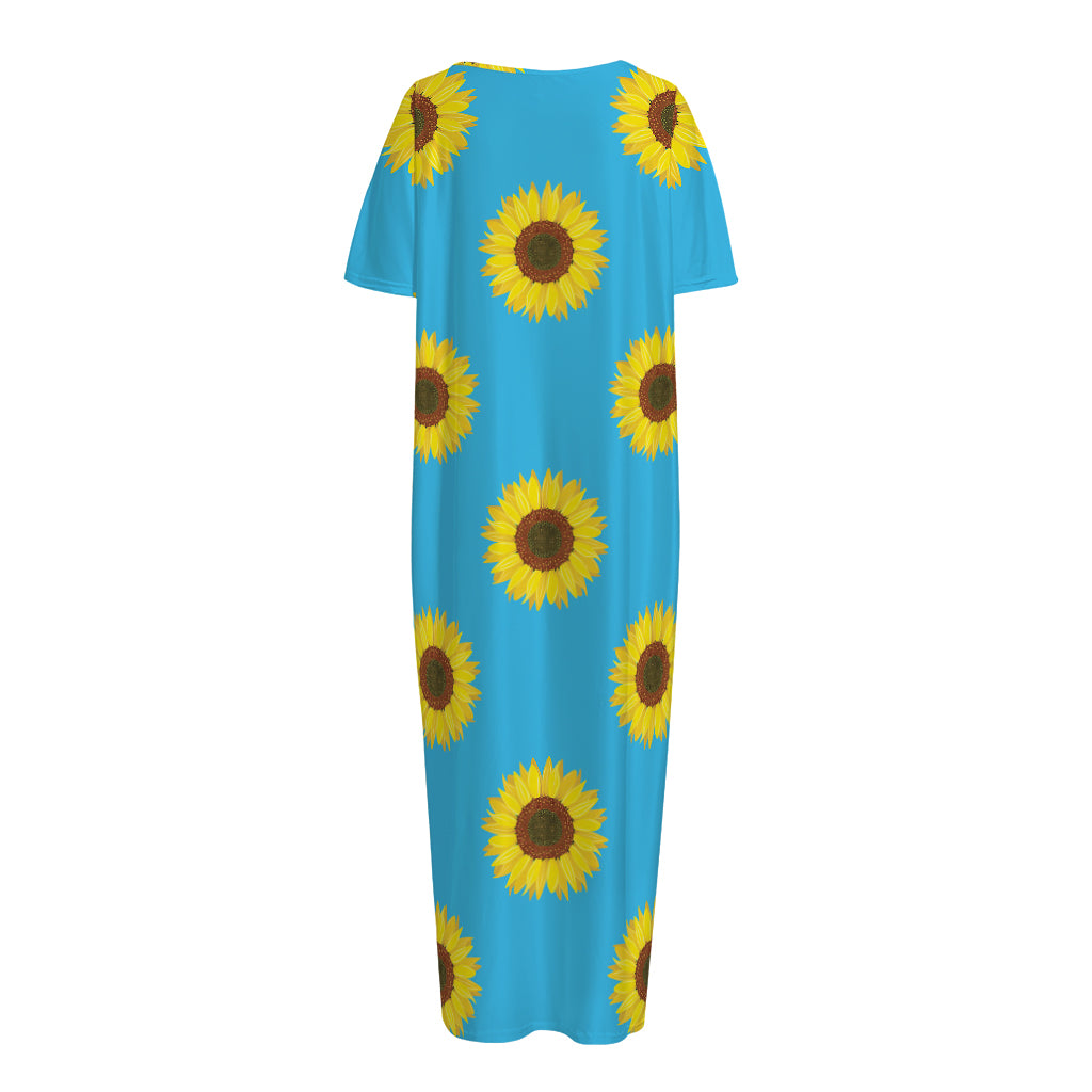 Blue Cute Sunflower Pattern Print Short Sleeve Long Nightdress