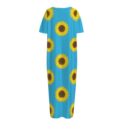 Blue Cute Sunflower Pattern Print Short Sleeve Long Nightdress