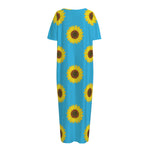 Blue Cute Sunflower Pattern Print Short Sleeve Long Nightdress