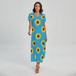 Blue Cute Sunflower Pattern Print Short Sleeve Maxi Dress